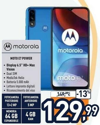 Unieuro Motorola Moto E7 Power 16,5 Cm (6.5") Dual SIM Ibrida Android 10.0 4G USB Tipo-C 4 GB 64 GB 5000 MAh Blu offerta