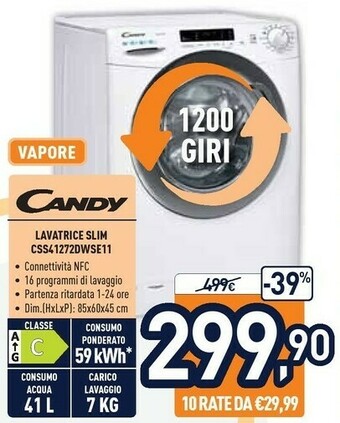 Unieuro Candy Smart CSS41272DWSE-11 Lavatrice Libera Installazione Caricamento Frontale 7 Kg 1200 Giri/min C Bianco offerta