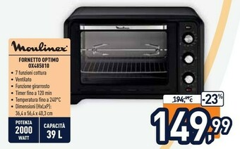 Unieuro Moulinex OX485810 Optimo Forno Elettrico Ventilato Con Capacità Di 39 L, Potenza 2000 W, L 54 X P 40 X A 32 Cm offerta