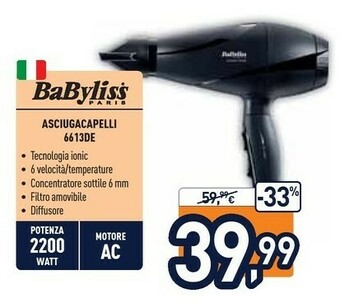 Babyliss 6613DE Asciuga Capelli Nero 2200 W