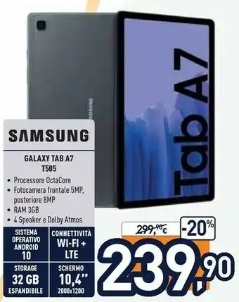 Unieuro Samsung Galaxy Tab A7 4G LTE-TDD & LTE-FDD 32 GB 26,4 Cm (10.4") 3 GB Wi-Fi 5 (802.11ac) Grigio offerta