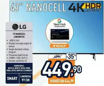 Unieuro LG NanoCell 43NANO756PA 109,2 Cm (43") 4K Ultra HD Smart TV Wi-Fi Blu offerta