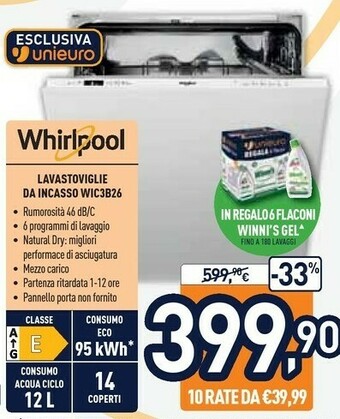 Unieuro Whirlpool WIC 3B26 Lavastoviglie A Scomparsa Totale 14 Coperti E offerta