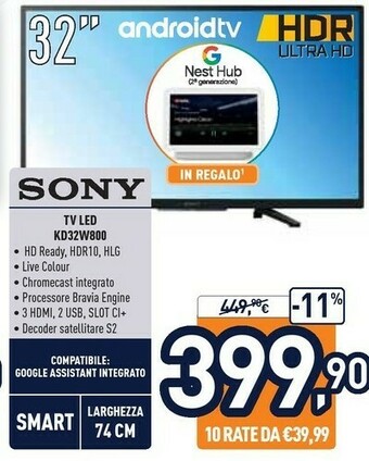 Sony BRAVIA KD-32W800 - 32 Pollici – HD Ready - High Dynamic Range (HDR)
