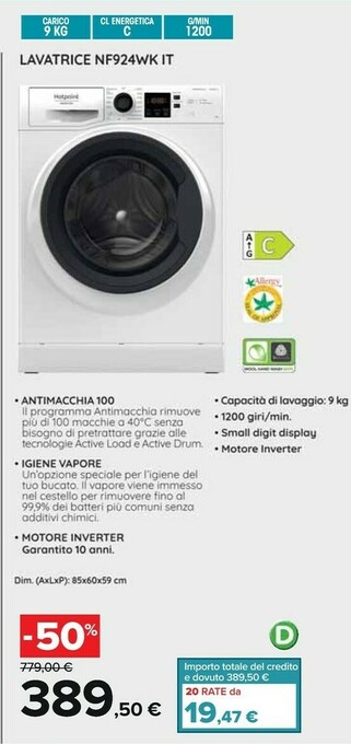 Carrefour Hotpoint NF924WK IT Lavatrice Libera Installazione Caricamento Frontale Bianco 9 Kg 1200 Giri/min A+++ offerta