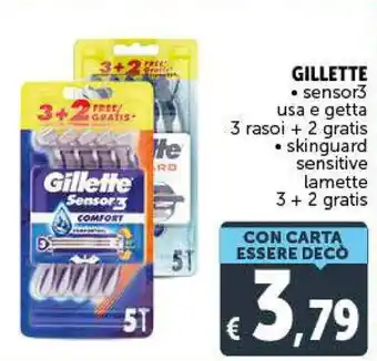 Deco Supermercati Gillette sensor3 usa e getta 3 rasoi + 2 gratis/skinguard sensitive lamette 3+2 gratis offerta