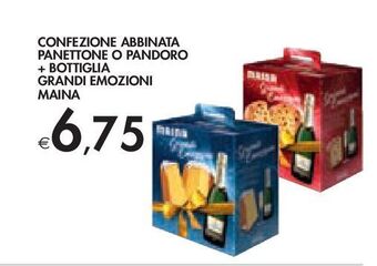 Confezione abbinata panettone o pandoro + bottiglia grandi emozioni maina