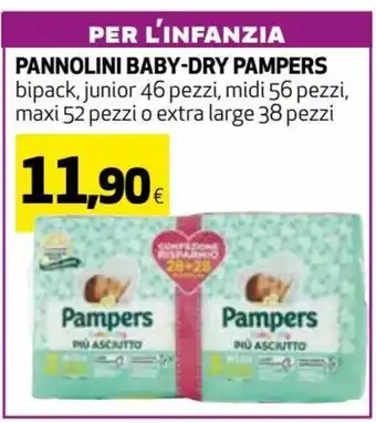 Coop Pampers Pannolini Baby-Dry bipack, junior 46 pezzi, midi 56 pezzi, maxi 52 pezzi o extra large 38 pezzi offerta