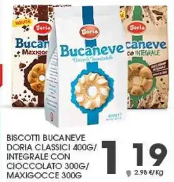 Eurospar Doria Classici Biscotti Bucaneve 400 g/Integrale con Cioccolato 300 g/Maxigocce 300 g offerta