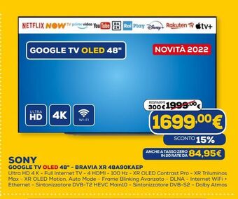 Euronics Sony google tv oled 48'' - bravia xr 48a90kaep offerta