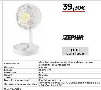 Zephir Ventilatore Pieghevole Con Ricaricabile Con Luce
