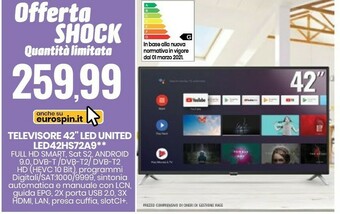 Eurospin Televisore 42" LED United LED42HS72A9 offerta