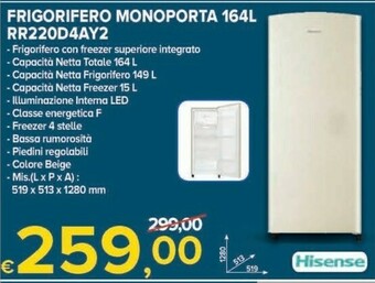 MD Discount Hisense Frigorifero Monoporta 164 L RR220D4AY2 offerta