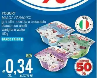 MD Discount Malga Paradiso Yogurt Mix Bianco Con Cioccolato E Nocciole 150 G(ml) offerta