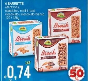 MD Discount ManuSol Break Cioccolato Barrette Di Riso Soffiato E Palline Di Cereali Con Cioccolato Al Latte 126 G(ml) offerta