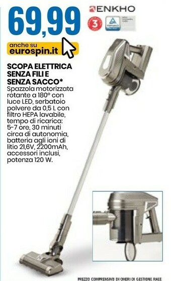 Eurospin Enkho Scopa Elettrica Senza File Senza Sacco offerta