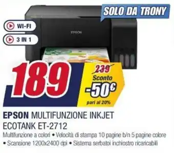 Trony Epson Multifunzione Inkjet Ecotank ET-2712 offerta