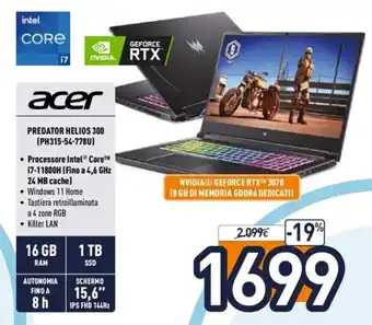 Unieuro Acer Predator Helios 300 (PH315-54-778U) offerta