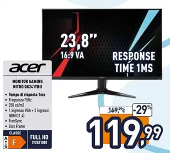 Unieuro Acer Monitor Gaming Nitro QG241YBII offerta