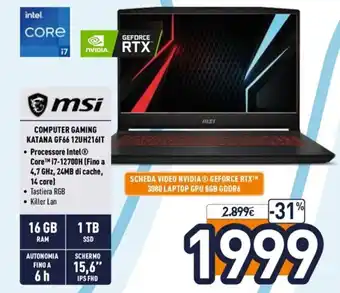 Unieuro MSi Computer Gaming Katana GF66 12UH216IT offerta