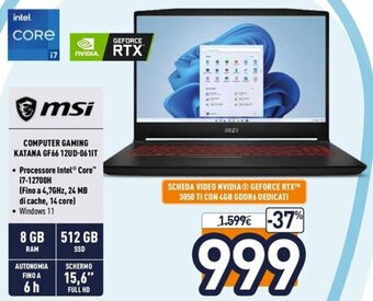 Unieuro MSi Computer Gaming Katana GF66 12UD-061IT offerta