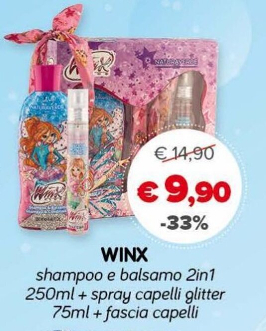Winx shampoo e balsamo 2in1 250ml + spray capelli glitter 75ml + fascia