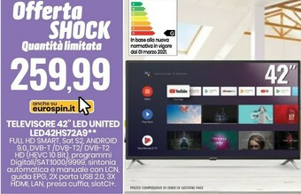 Eurospin Televisore 42" Led United LED42HS72A9 offerta