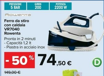 Carrefour Rowenta VR7041 Ferro Da Stiro A Caldaia 1,2 L Grigio, Bianco offerta