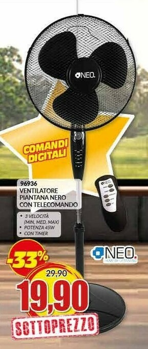 Risparmio Casa NEO 96936 Ventilatore Piantana Nero Con Telecomando offerta