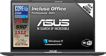 Amazon Asus vivobook slim, ssdhd da 1512gb, cpu intel i5 di 10th gen. 4 core, 24gb ddr4, display da 15,6 full hd, wi-fi, 4 usb, b... offerta