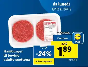 Lidl Hamburger di bovino adulto scottona 2x 100g offerta