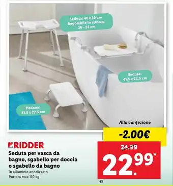 Lidl Rider Seduta per vasca da bagno, sgabello per doccia o sgabello da bagno max 110 kg offerta