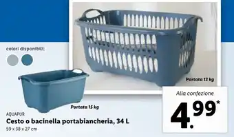 Lidl Aquapur Cesto o bacinella portabiancheria, 34 L, 59 x 38 x 27 cm offerta