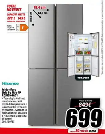 MediaWorld Hisense Friforifero Side By Side 4P RQ515N4AD1 offerta