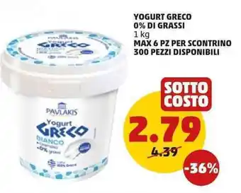 PENNY Yogurt Greco 0% di Grassi 1 kg offerta