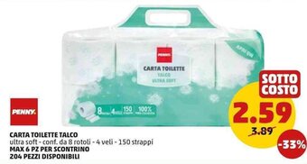 PENNY Penny Carta Toilette Talco ultra soft conf. da 8 rotoli - 4 veli - 150 strappi offerta