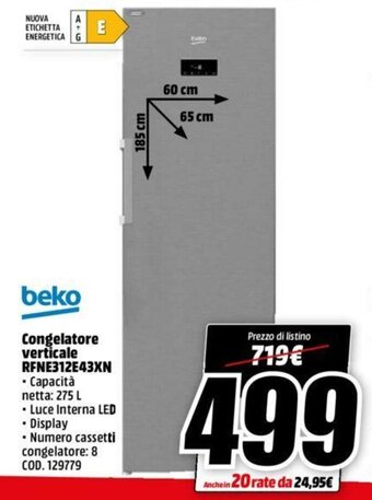 MediaWorld beko Congelatore verticale RFNE312E43XN offerta