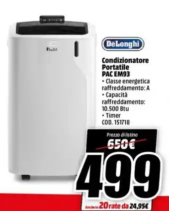 MediaWorld DeLonghi Condizionatore Portatile PAC EM93 offerta