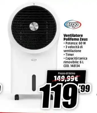 MediaWorld argo Ventilatore Polifemo Zeus offerta