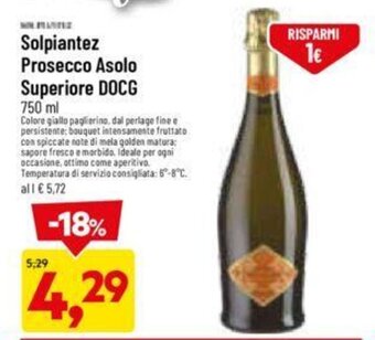 DPiù Solpiantez Prosecco Asolo Superiore DOCG 750 ml offerta