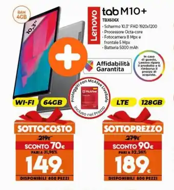 Expert Lenovo tab M10+ TBX606X 64GB offerta