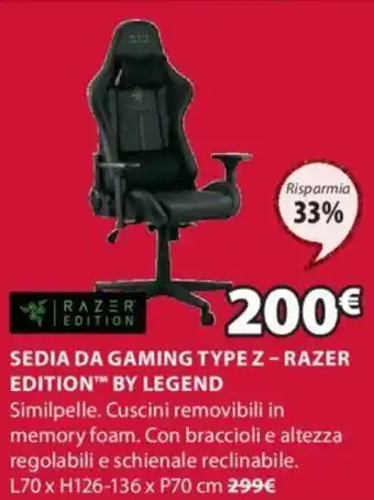 JYSK Sedia da Gaming Type Z-Razer Edition™ by Legend L70xH126-136xP70cm offerta