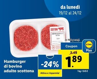 Lidl Hamburger di bovino adulto scottona offerta