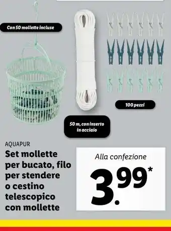 Lidl Set mollette per bucato, filo per stendere o cestino telescopico con mollette offerta