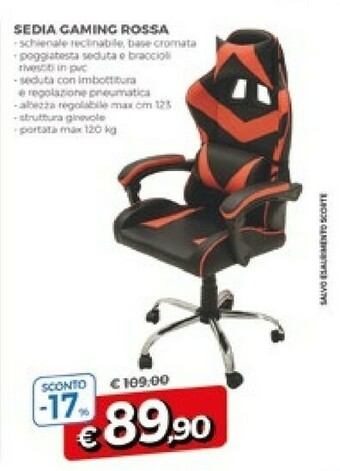 Famila Superstore Sedia Gaming Rossa Portata Max 120 Kg offerta