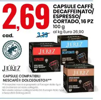 Eurospin Capsule Caffè Decaffeinato/ Espresso/ Cortado. 16 Pz 100g offerta