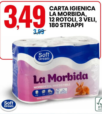Eurospin Carta Igienica La Morbida, 12 Rotoli, 3 Veli, 180 Strappi offerta