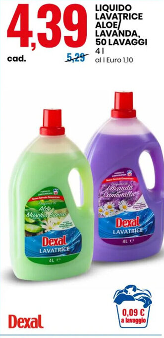 Eurospin Dexal Liquido Lavatrice Aloe/ Lavanda 50 Lavaggi 4 l offerta
