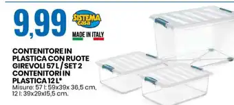 Eurospin Contenitore In Plastica Con Ruote Girevoli 57L / Set 2 Contenitori In Plastica 12L 57 L 59x39x36,5 cm, 12 L: 39x29x15,5 cm x offerta