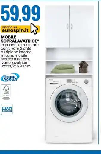 Mobile Sopralavatrice In pannello truciolare con 2 vani, 2 ante 65x25xh.192 cm, vano lavatrice 62x23,5x h.93 cm